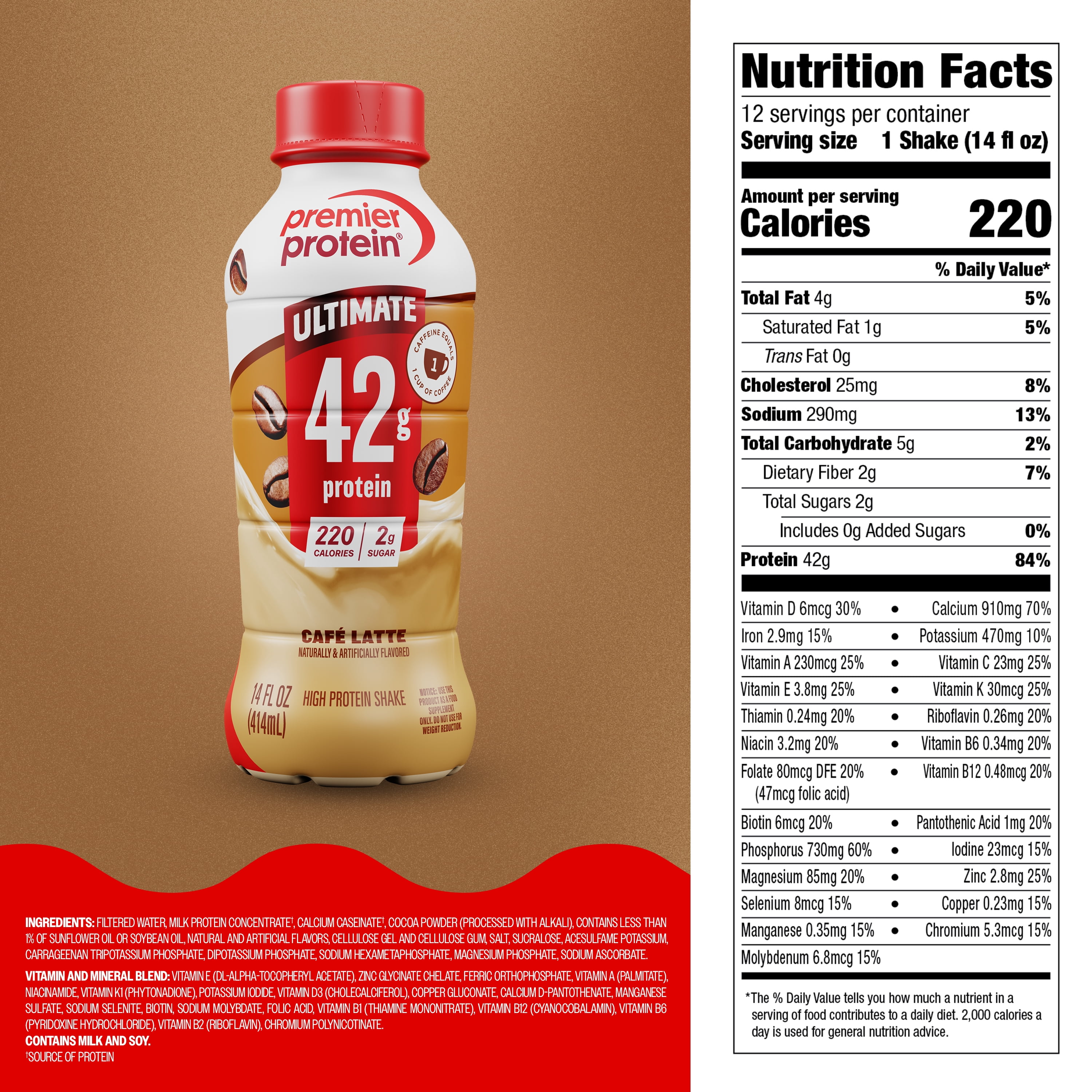 Premier Protein, Ultimate 42g Protein Shake, Café Latte, 14 Fl Oz, 12 Ct