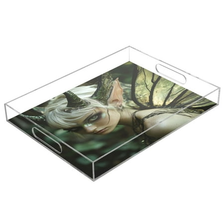 

WOBOGO Acrylic Serving Trays 15.7x11.8 Inch Spill Proof Clear Decorative Organizer with Handle Demon Tinkerbell Elf