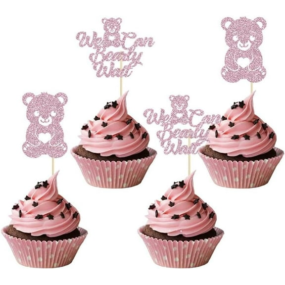 12pcs We Can Bearly Wait Cupcake Toppers Pink Glitter Baby Shower - Animal Little Bear Theme Decorative Kids Birthday Party Supplies Champage