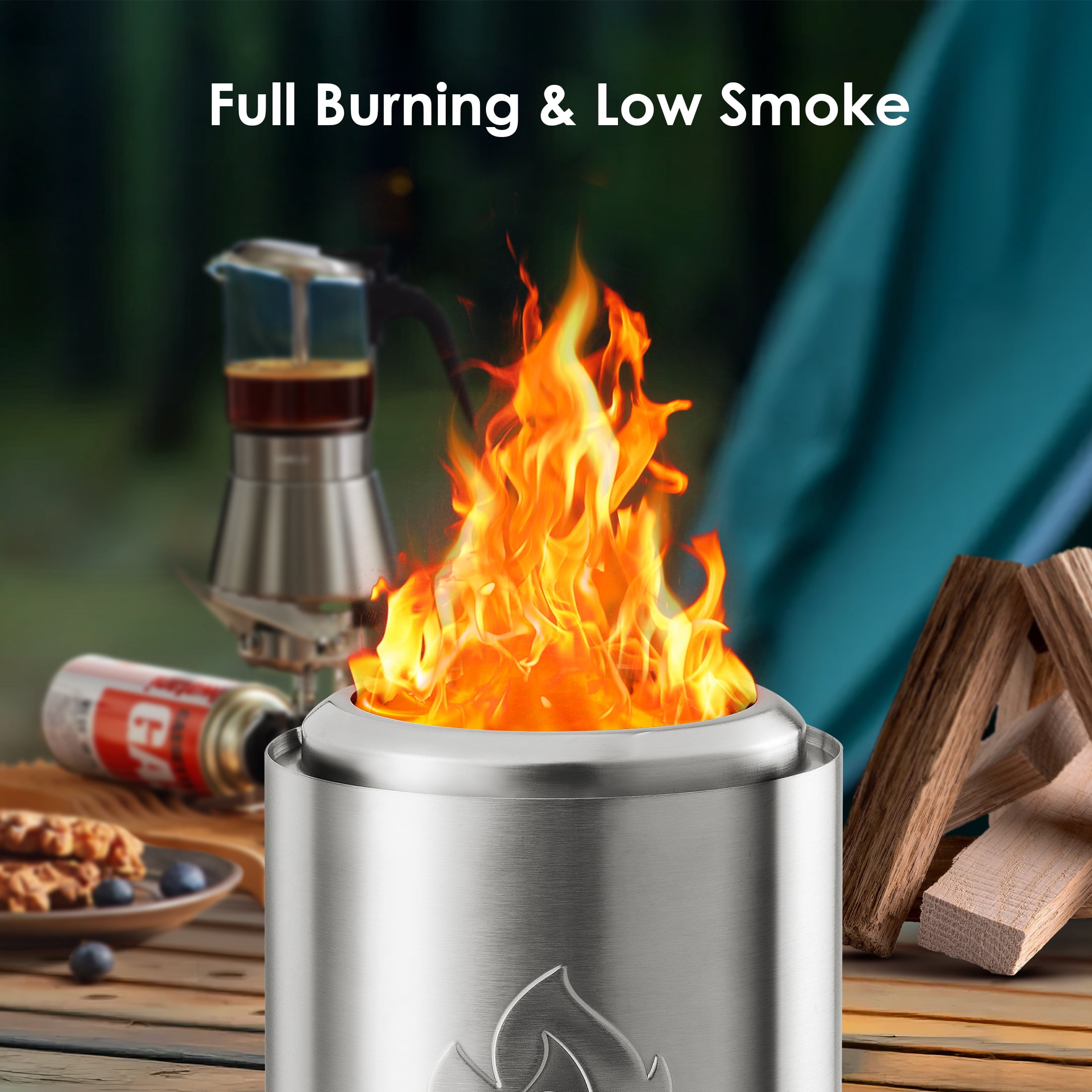 Auseo Tabletop Fire Pit Smokeless Compact & Portable Dual Fuel with Portable Bag, 304 Stainless Steel - Burning, Gardens, Patios