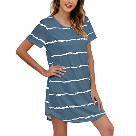 GHSOHS Robes for Women Nightgown Women Lingerie Womens Short Sleeve Striped Printing Sleepshirt Scoopneck Cute Nightdress Comfy Nightgown Dress Sleepwear Robe Pajamas