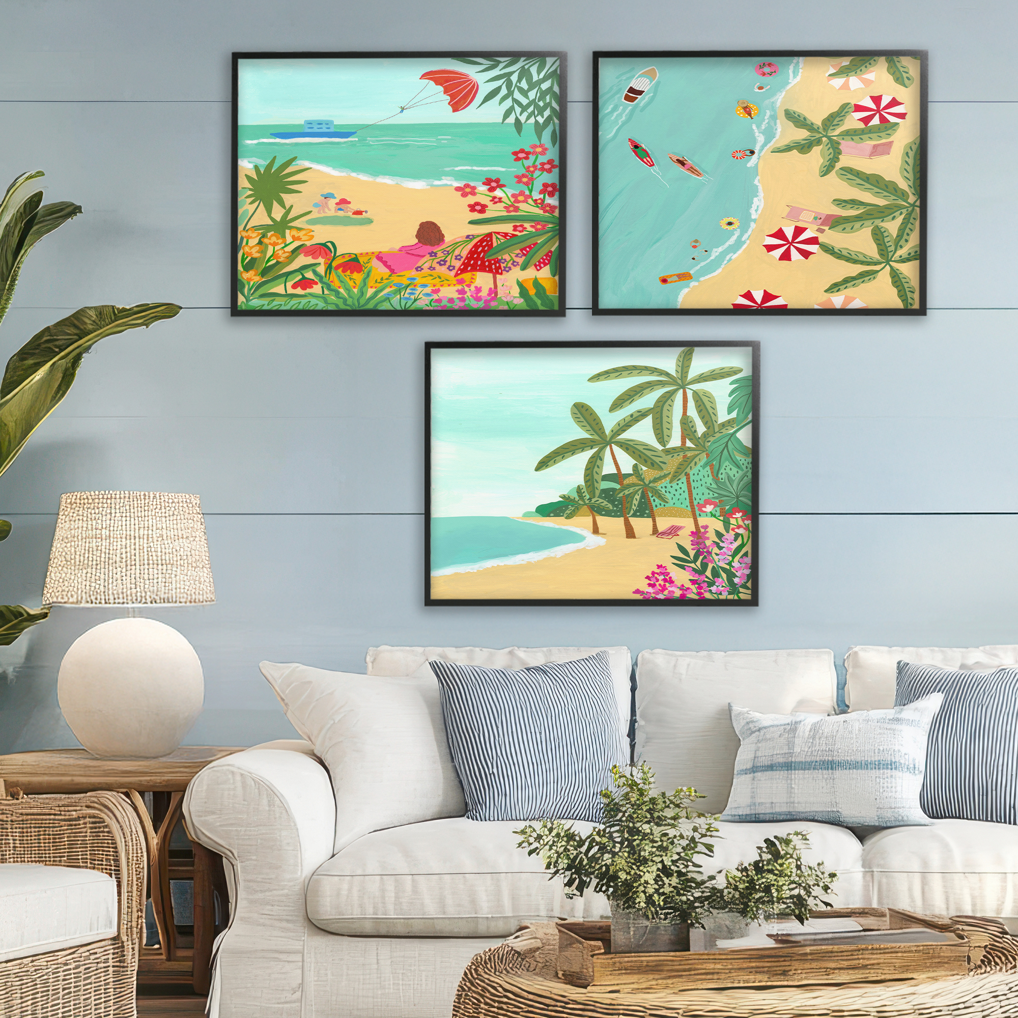 Busy Beach And Flowers 3 Piece Black Framed Giclee Art Set, design by Nabeela Rumi