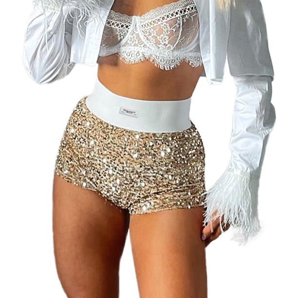 Pantalones cortos de lentejuelas de cintura alta para mujer: ropa de club brillante con ajuste elástico para la vida nocturna