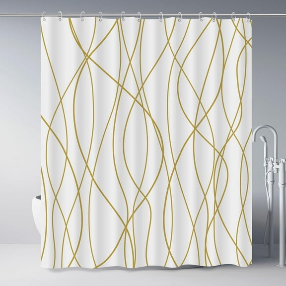 Gold Light Brown and White Striped Wavy Line Fabric Shower Curtain for Bathroom with Hooks, Shower Curtain Set Stripe Bath Curtains Decor Weighted Hem Washable, 72x72