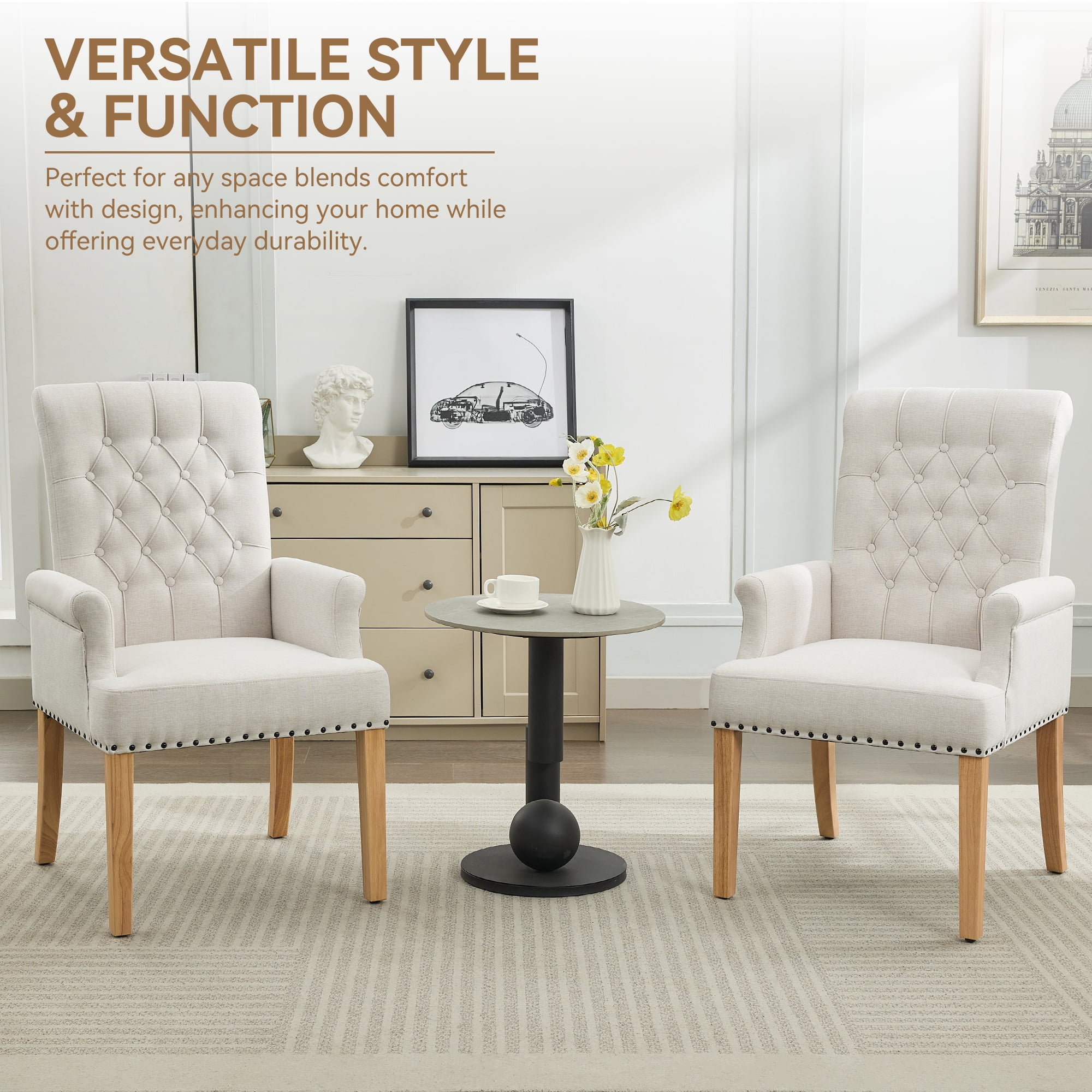 Fabric Upholstered Dining Chair with Arms, Tufted High Back Accent Coffee Armchair for Kitchen Dining Room Living Room, Beige