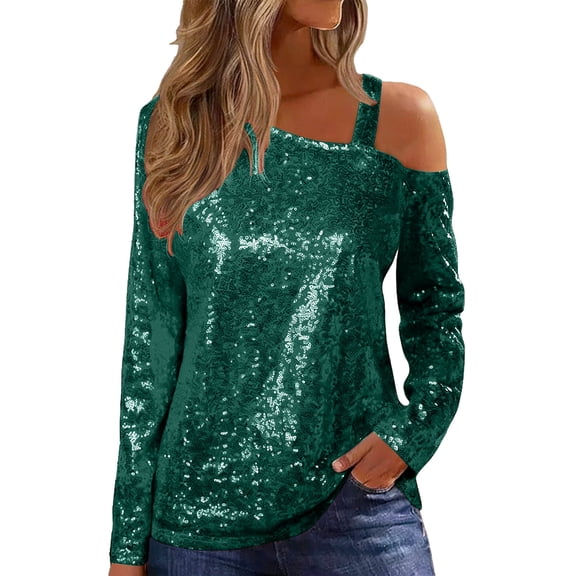 Casual Off Shoulder Sequin Tops for Women Evening Party Sparkly Glitter Long Sleeve Pullover Tunic T-Shirt