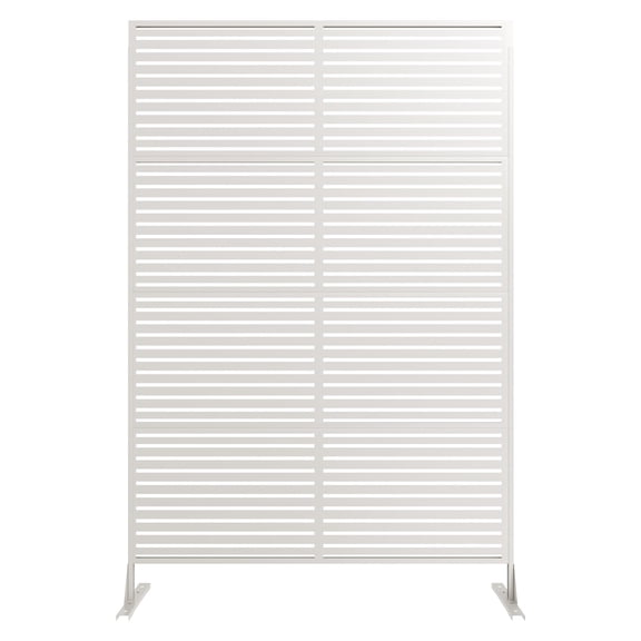 Freestanding Metal Privacy Fence Panel 72x47 Inch Rustproof Steel Decorative Divider Modern Black Stripe Scrollwork Design Easy Snap Together for Garden Patio Yard Balcony Outdoor Indoor