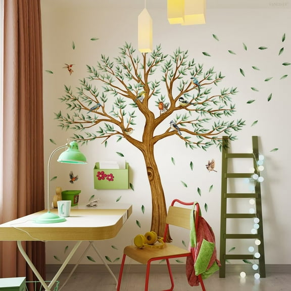 Large Green Tree Wall Stickers Falling Leaves Birds Wall Decals Peel and Stick Wall Art Decals for Living Room Bedroom Office Wall Decor(H: 64.8 inches/164 cm)