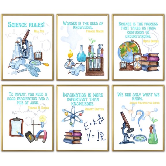 Science Quotes Canvas Wall Art Prints, Set of 6, Educational Laboratory Watercolor Illustrations, 8x12 inches, Unframe (Science)