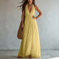 thumbnail image 6 of Halter Neck V-Neck Sleeveless Maxi Dress Solid Color Flowy Dress Casual Summer Party Evening Gown for Women Yellow XL(XL), 6 of 8