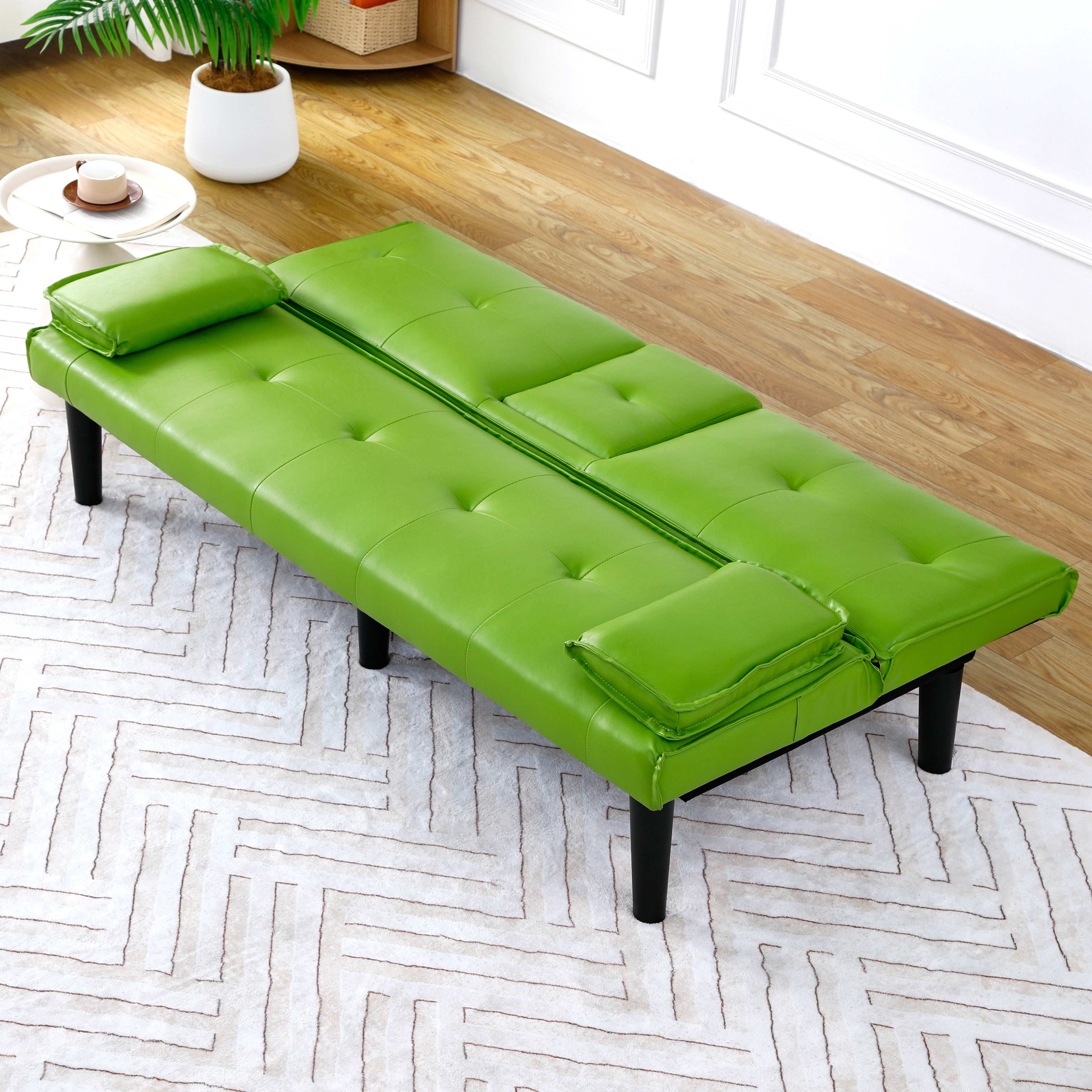 67 inch Futon Sofa Bed Faux Leather Couch Modern Convertible Folding Recliner with 2 Cup Holders for Living Room,Bedroom,Green
