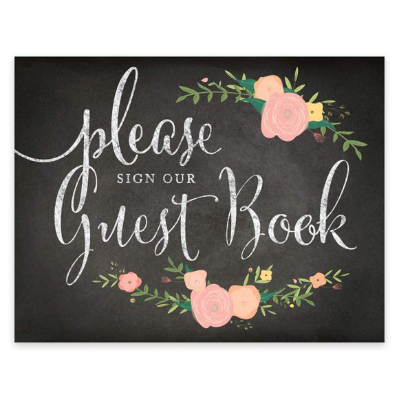 Andaz Press Wedding Party Signs, Chalkboard Pink Coral Floral Roses Print, 8.5x11-inch, Please Sign our Guestbook, 1-Pack