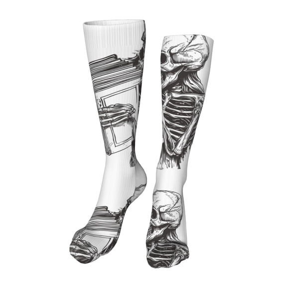 Xecao Skeleton Book Lover Print Calf Socks Seamless Toe, Knee High Long Socks, Sports Socks Trouser Socks for Women and Men-One Size