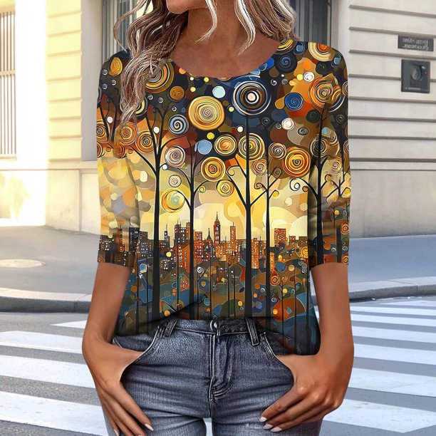 Xuyuer Fashion Women's Boho Unisex Print Loose Casual Round Neck 3/4 Sleeve T-Shirt Oversized Top