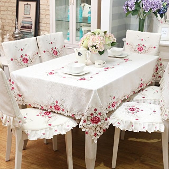 Damask rose flower embroidered tablecloth off white rectangular 53 x 78