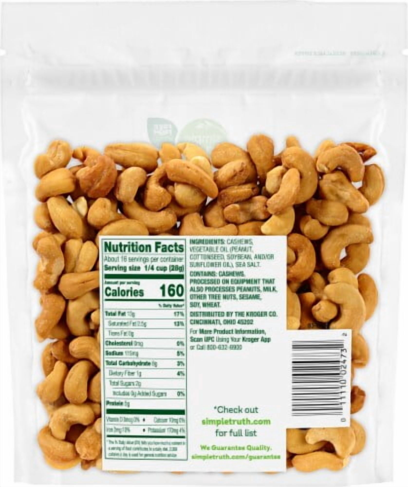 2X - Simple Truth Sea Salt Roasted Cashew Nuts 16 oz
