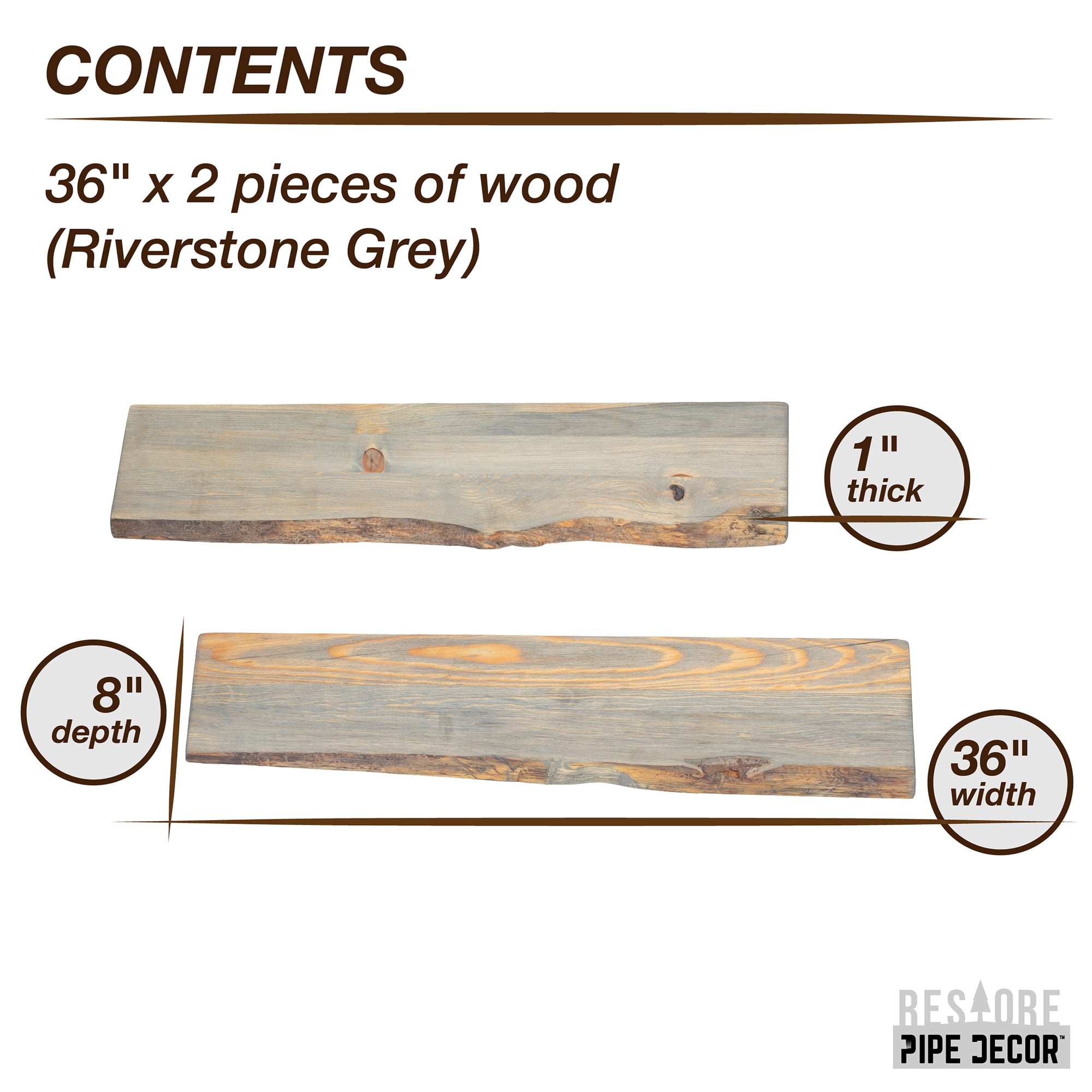 PIPE DECOR 36 in. Live Edge Wood Shelf Riverstone Grey 2 Pack (Wood Only)