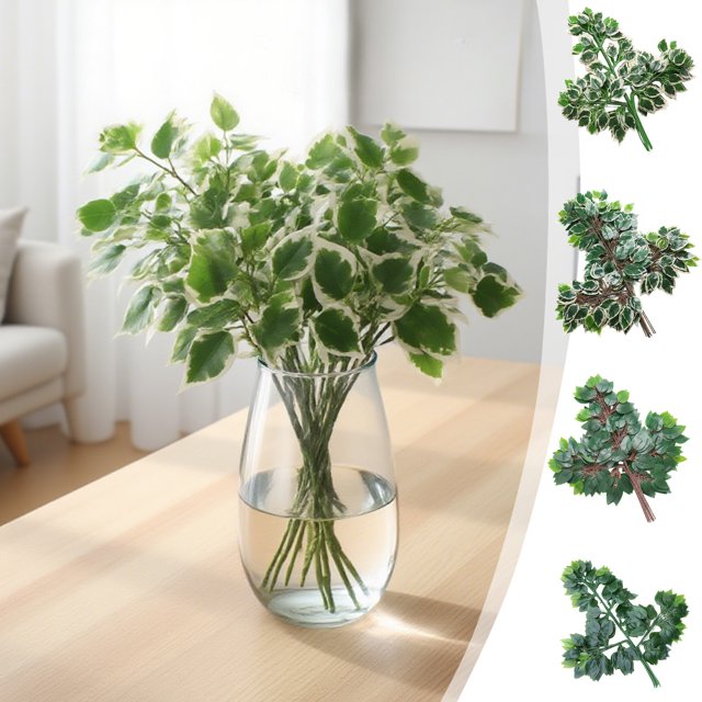 Ramas De Plástico Ramas artificiales de hoja de baniano de plástico verde, 60 cm, árbol falso para interiores, paquete de 12 unidades Yulucky