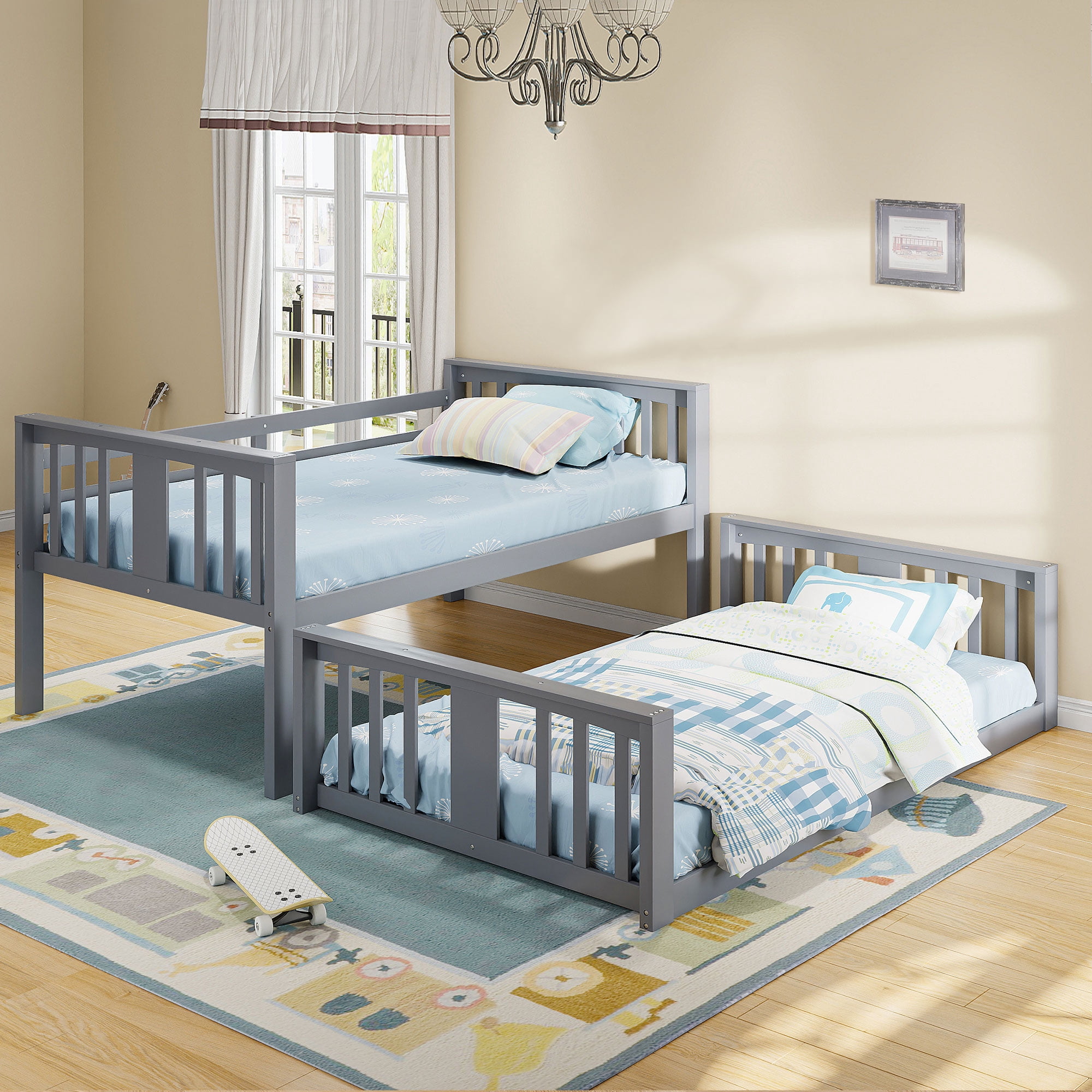 Aukfa Heavy Duty Twin over Twin Bunk Bed, Convertible Into Two Beds for Kids Teens, Gray