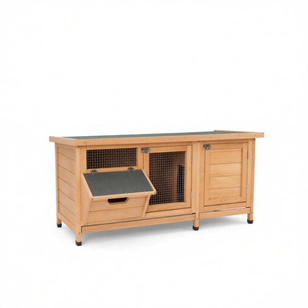 Outdoor 2-Room Fir Wood Rabbit Hutch, Weatherproof Asphalt Roof Small Animal Cage with Pull Out Trays, Predator Resistant Steel Wire Bunny House for Rabbits Guinea Pigs Backyard Patio Use