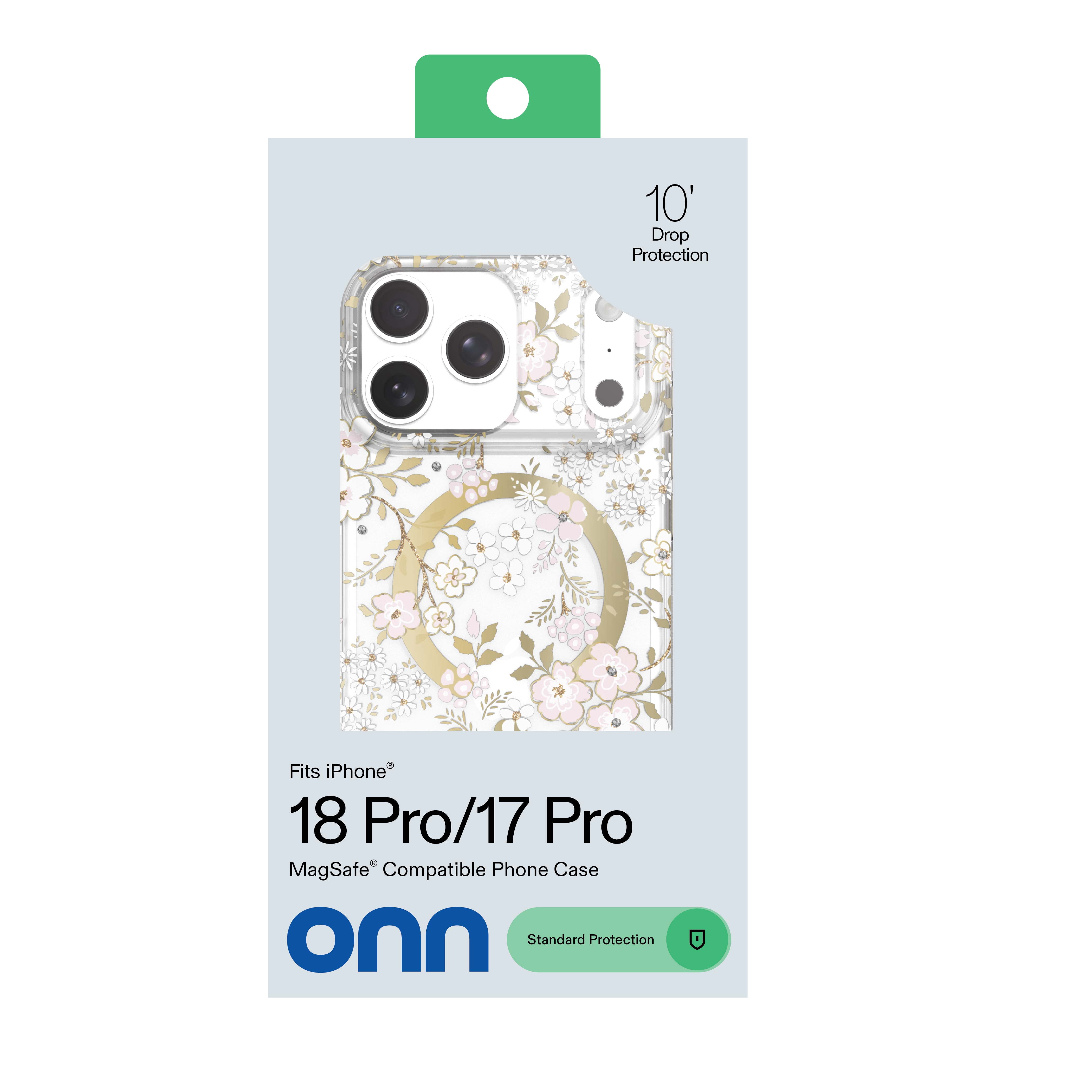 onn Phone Case for iPhone 18 Pro / 17 Pro, MagSafe Compatible - Pink & White Floral with Gems