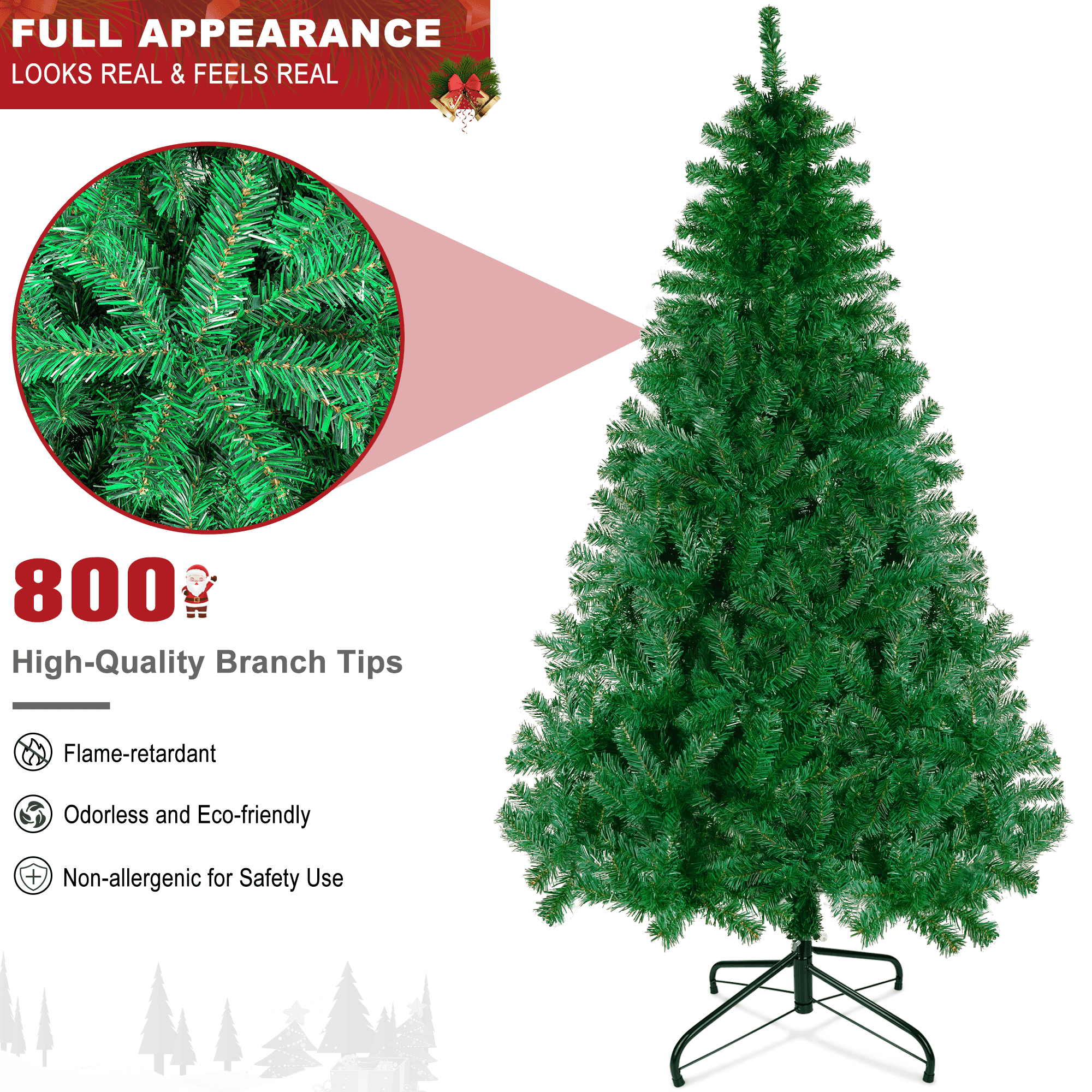 GIKPAL 6FT Artificial Christmas Tree W/ 800 Tips, Holiday Xmas Tree for Indoor Outdoor Decor, Fir Christmas Tree with Metal Base - Green