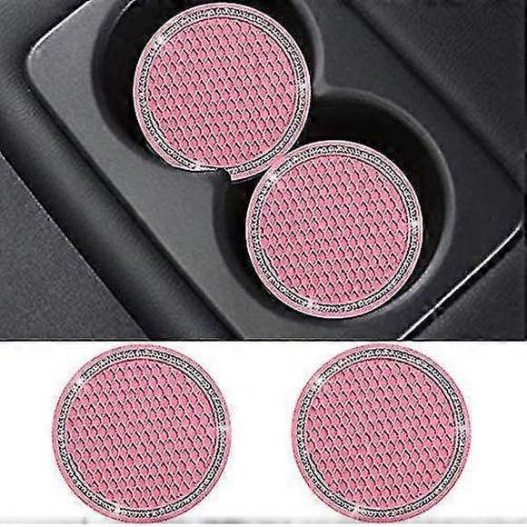 Bling Car Coasters Pink Pvc Travel Auto Cup Holder Insert Coaster Anti Slip Crystal Vehicle Interior Accessories Cup Mats For Women And Girl (2.75" Di