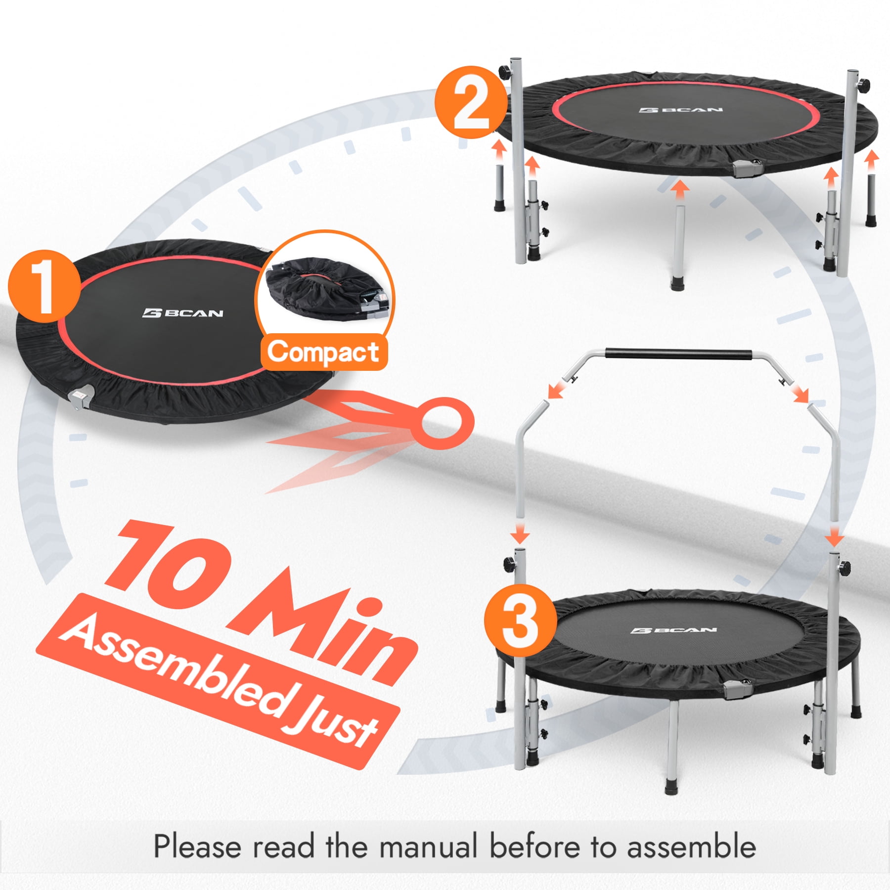 BCAN 40" Foldable Trampoline, Fitness Rebounder with Adjustable Foam Handle, Exercise Trampoline for Adults/kids Indoor/Garden Workout Max Load 330lbs