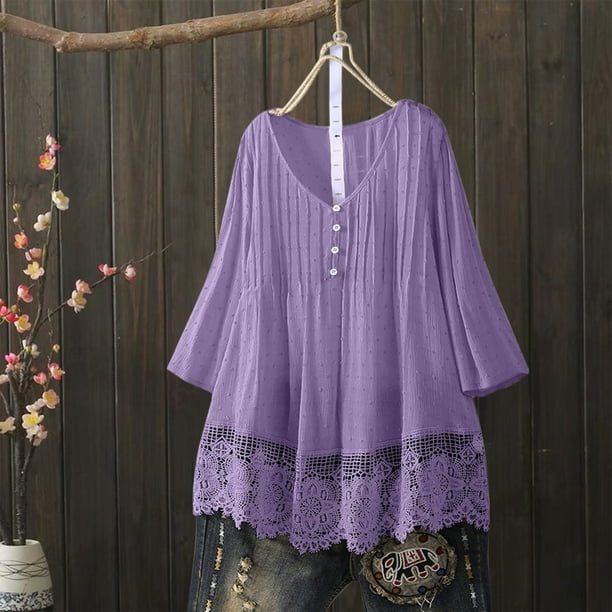 MKLEKYY Playeras Blusa Vintage De Encaje De Tres Cuartos Con Cuello En V Para Mujer, Talla Grande Talla XXXL