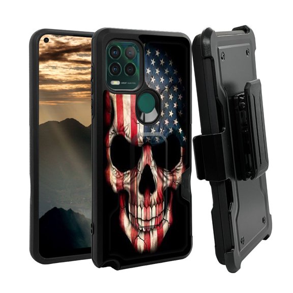 ANJ  Rugged Shockproof Holster Case w/Card Slot, Kickstand   Tempered Glass for Motorola Moto G Stylus 5G - American Skullcap