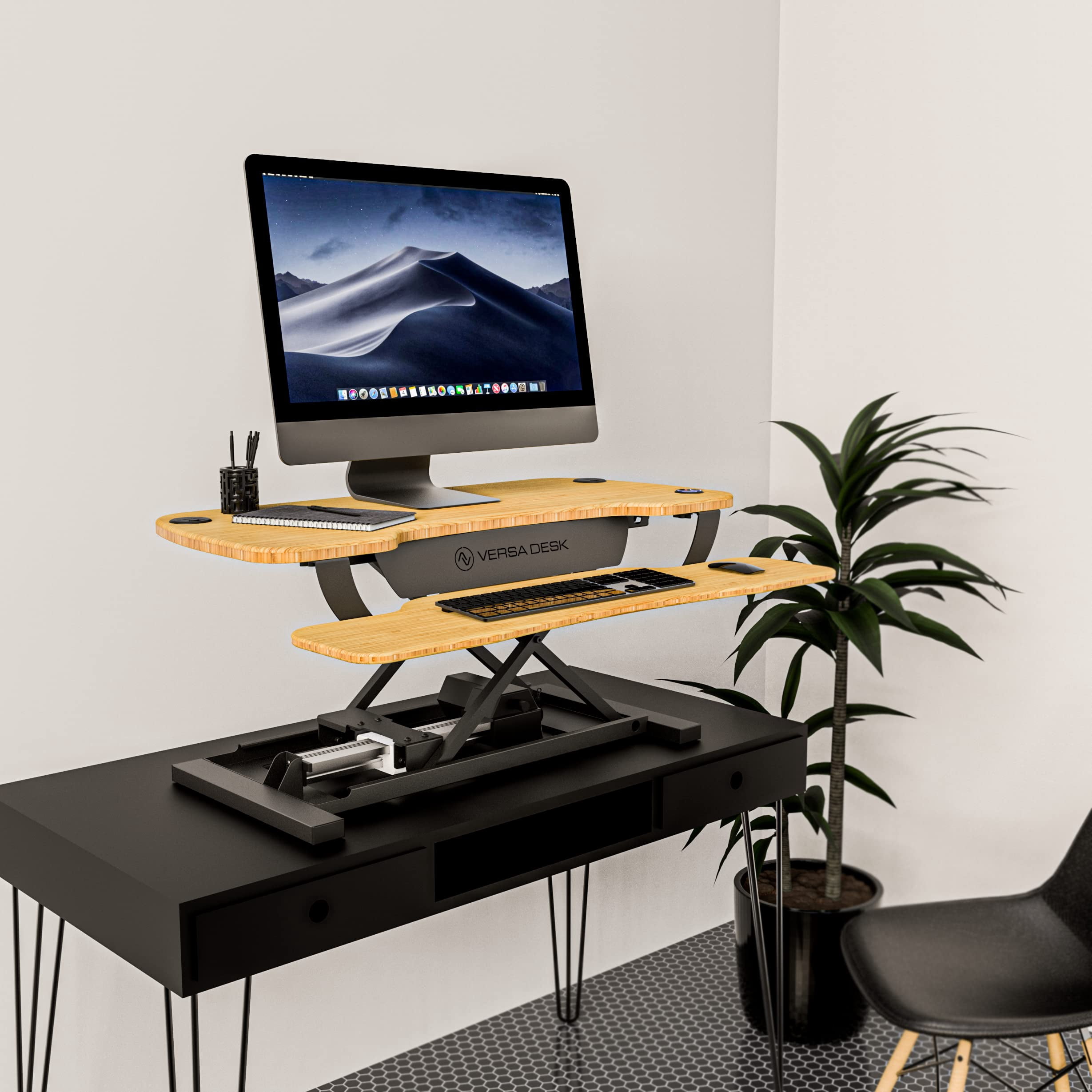 VersaDesk PowerPro Electric Standing Desk Converter with USB Port, Adjustable Wood & Steel Sit-Stand Workstation for Home/Office | Light Brown, 36x24
