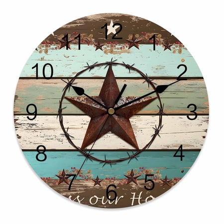 Wall Clock 12 Inch Farmhouse Round Silent Decorative Wall Clocks Battery Operated for Living Room Bedroom Kitchen Classroom Decor, Wood Texture Barn Star Brown Turquoise,Large