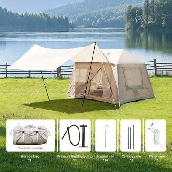 DEGUO 5.72m ² Inflatable Camping Tent, Glamping Tents 4 Season Windproof Outdoor Cotton Tent with Stove Jack & Mesh Windows & Pump