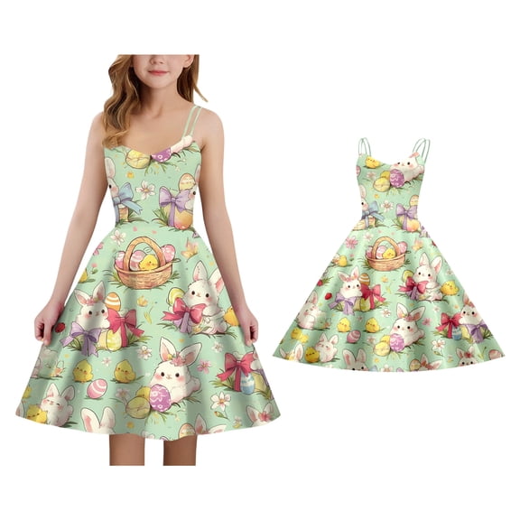 Easter Dresses Girls Cute Print Spaghetti Strap A-Line Dress Girls Casual Dress Size 11-12 Years Girls Clothes
