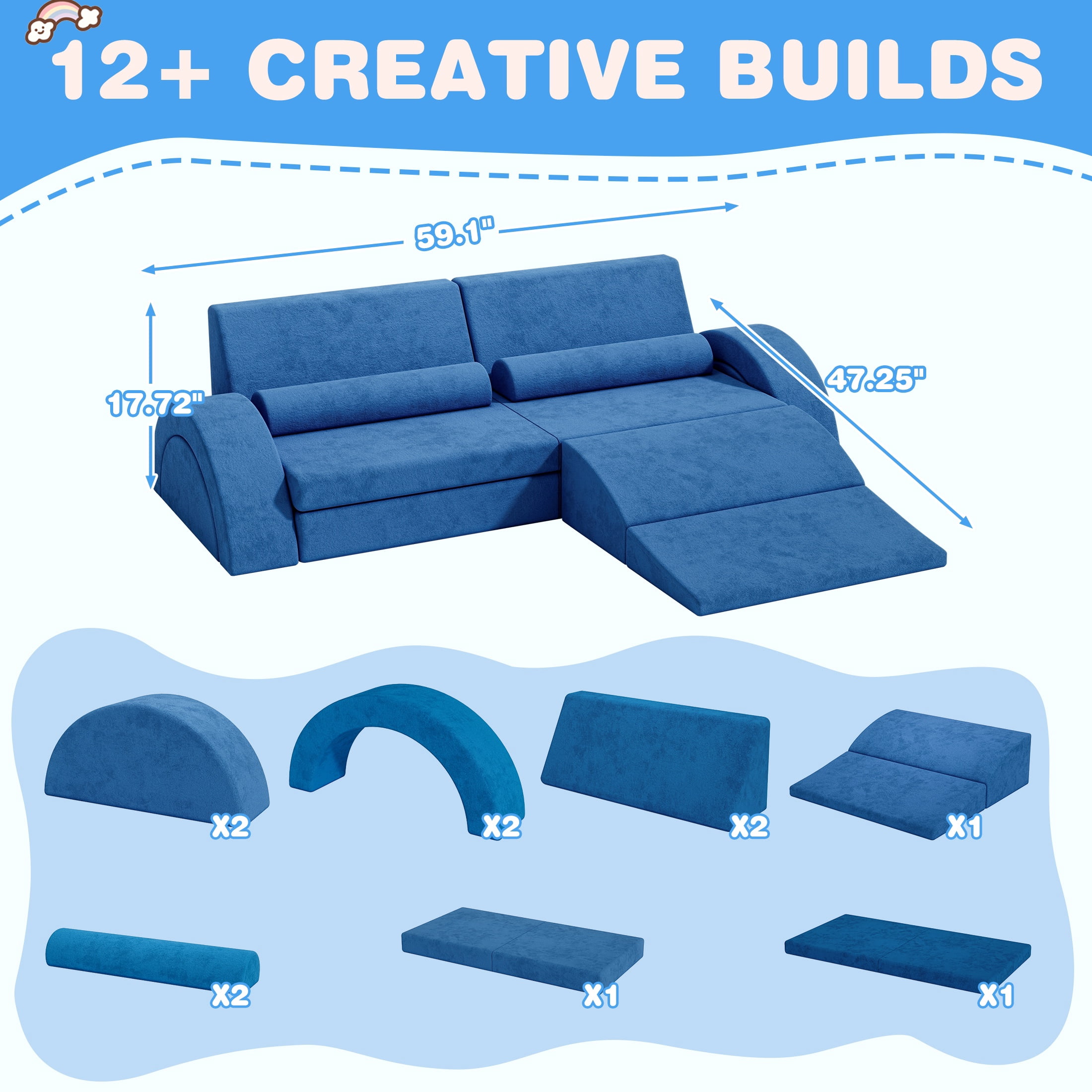 11PCS Modular Kids Play Couch, HSUNNS Fabric Kids' Sofa with Removable Cover, Convenient Storage, Indoor Foam Sofa Living Room Sectional Couch for Boys Girls 3-8, CPC Certification, Blue