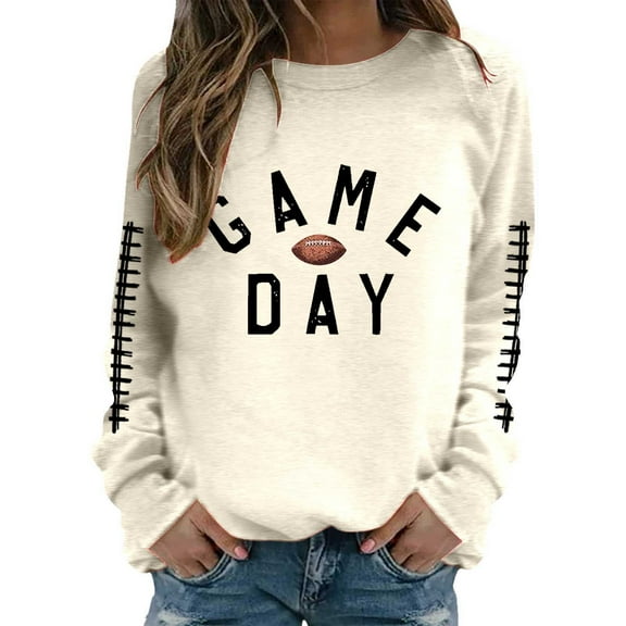 Cnbwig Womens Hoodies Sweatshirts Pullover Casual Crewneck Sweatshirt Football Letter Print Soft Long Sleeve Top for Daily Wear Tops Comfy Fall Fashion Outfits Winter A1-Beige L