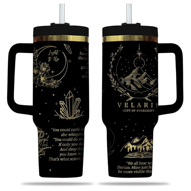 Gobelet Velaris avec Poignée, avec Poignée et Paille, Gobelet Livre, Acotar Gobelet 40Oz, Gobelet Velaris, Gobelet Gravé Doré, Bouteille d'Eau Réutilisable en Acier Inoxydable Cadeaux de Voyage pour Elle (1 Pce)