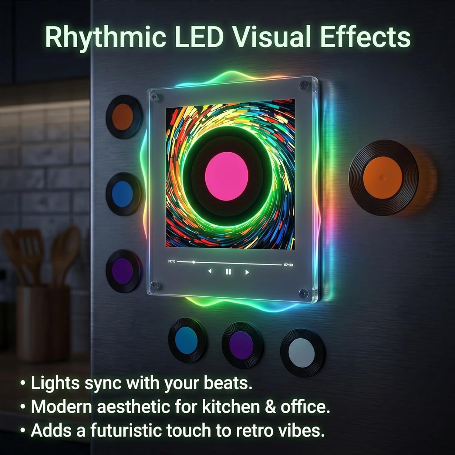 Magnetic Fridge Music Player and Mini Vinyl Record Player Magnet, with LED Light, 128MB, Home Office Decor, Customizable Image Support  (Rotatable)