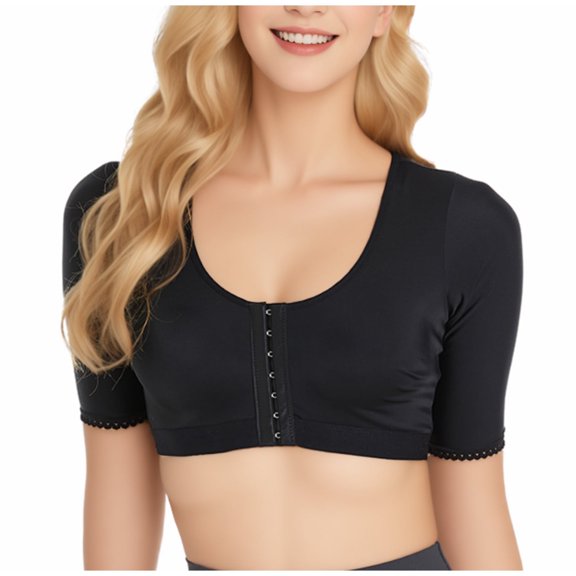 Xfvqtps Built in Bra Tank Tops for Women Front Closure Buckle Short Sleeve Padded Lace Solid Color Crop Tank Top Black