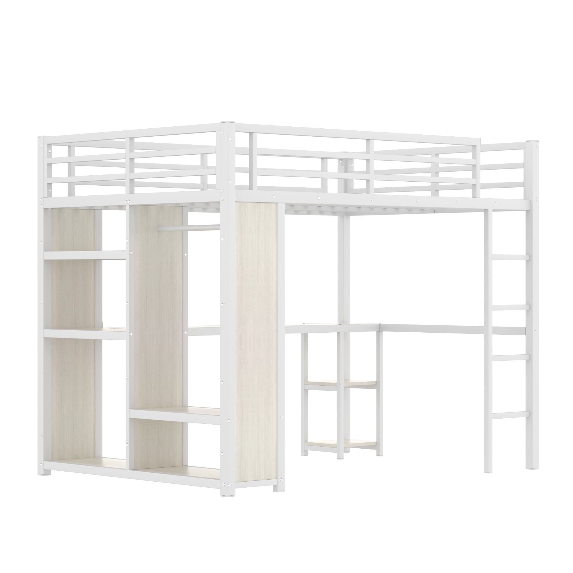 Leumius Full Size Metal Loft Bed with Built-in Wardrobe,Heavy Duty Loft Bed Frame with Desk and Storage Shelves,Space-Saving,White