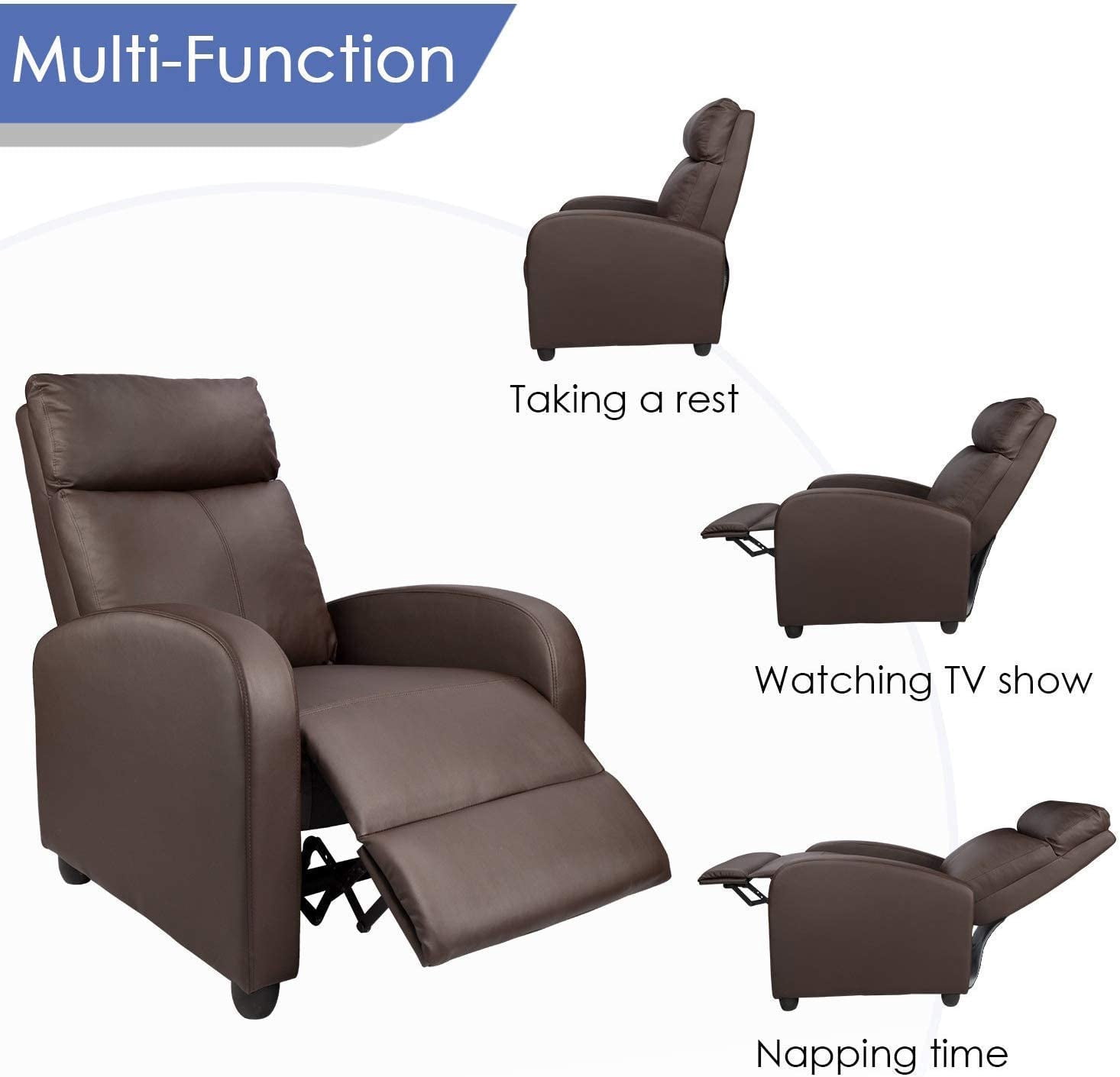 Walnew Brown PU Leather Single Sofa Recliner with Padded Seat and Backrest, Multi-Positions