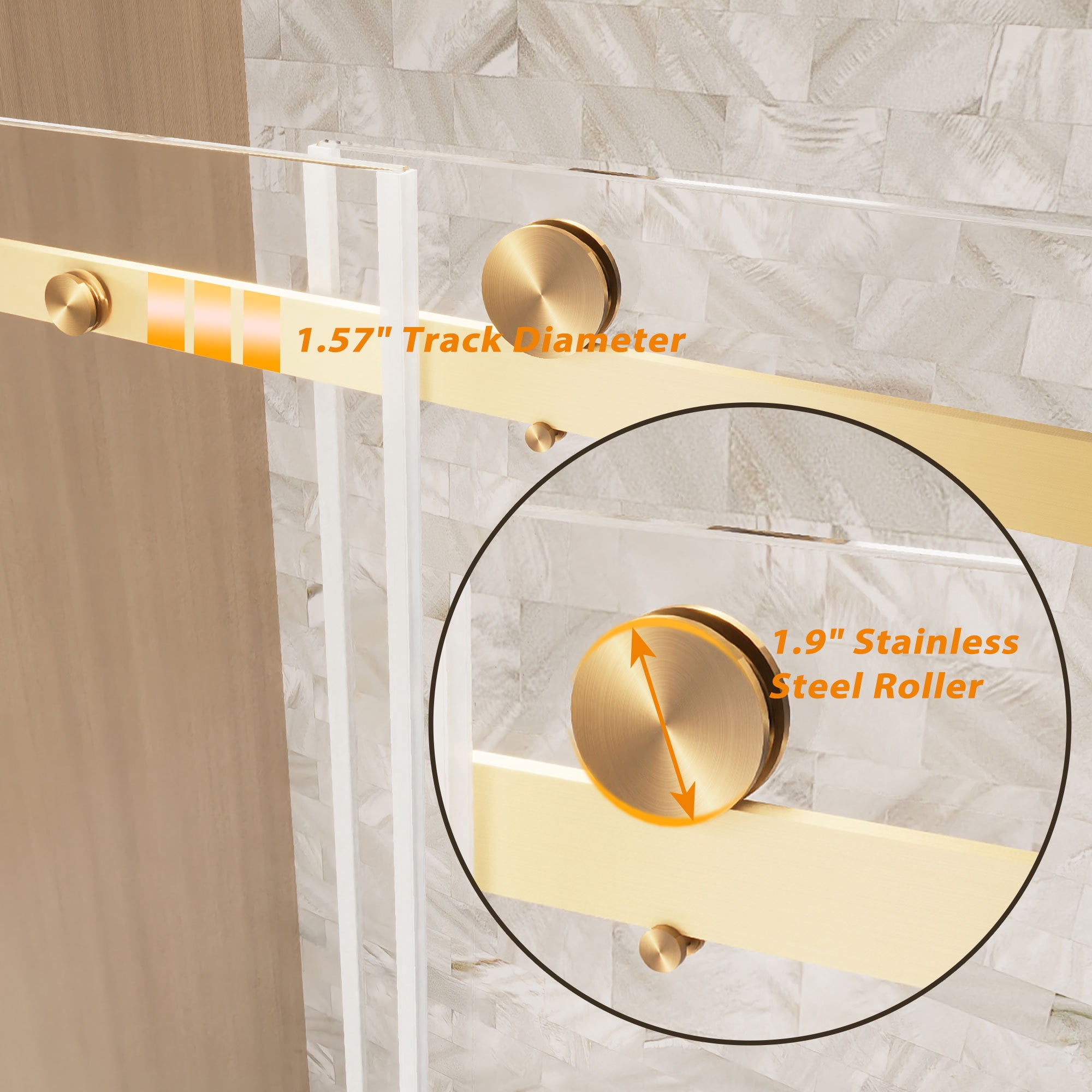 Leumius 56-60"W x 76" H Frameless Single Sliding Shower Door, 1/4\" Clear Tempered Glass, Stainless Steel Handle Square Tube Track Shower Door,Brushed Gold