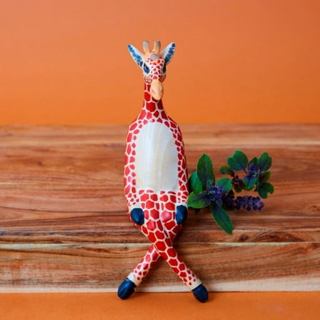 Painted Wood Sitting Giraffe Sculpture