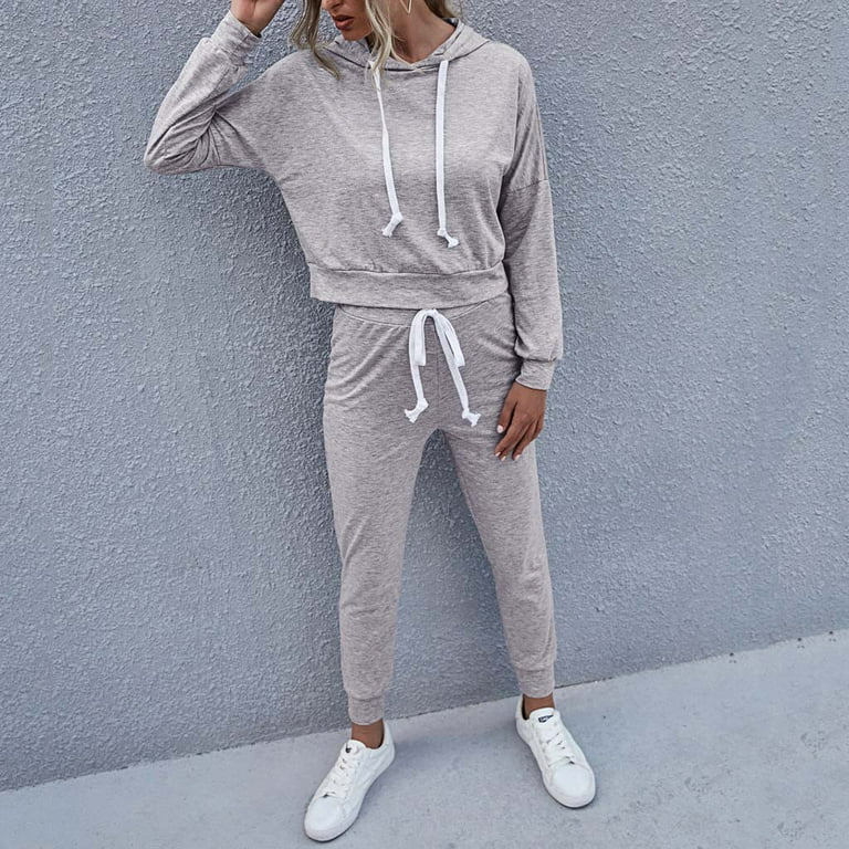 Solid Color Lace-Up Hooded Two-Piece Set Women Fashion Leisure Time O-neck  Sweater Athletic Wear Long Sleeves Suit 