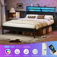 thumbnail image 4 of Queen Bed Frame with Headboard & 2 Fabric Drawers, Bed Frame Queen Size Featuring LED Lights, Built-in Charging Station & Storage Shelves, Metal Slats, No Box Spring Needed – Black Oak, 4 of 18