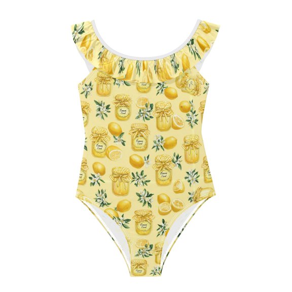 Girls Ruffled One Piece Swimsuit Summer Beach Vacation Swimwear Tank Swimsuit Yellow Jar Pattern