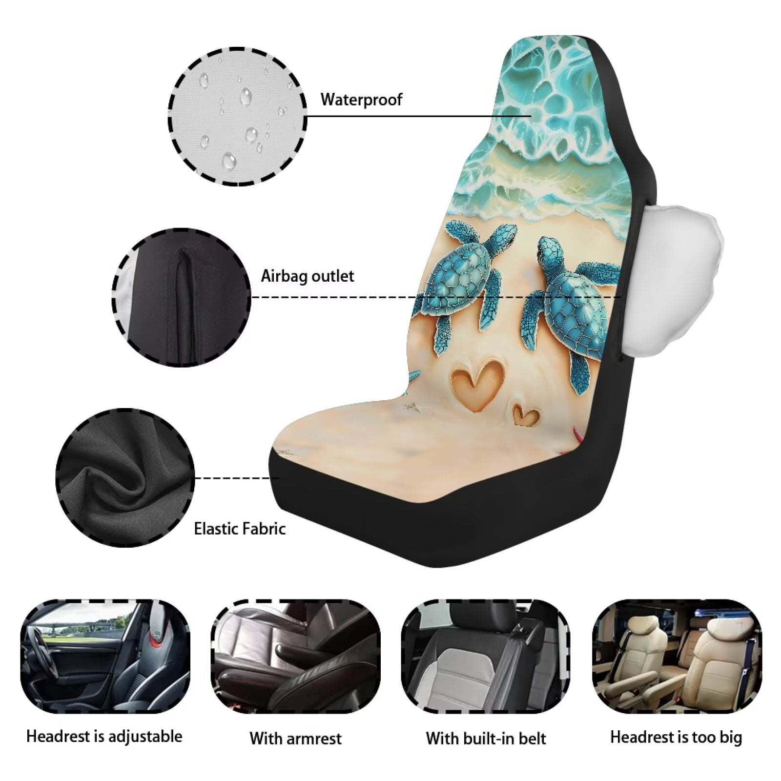 Binienty Beach Sea Turtle Car Seat Covers Front Seats Airbag Compatible Waterproof Auto Seat Protectors Universal Non-Slip Vehicle Seat Covers for SUV Truck Van Sedan