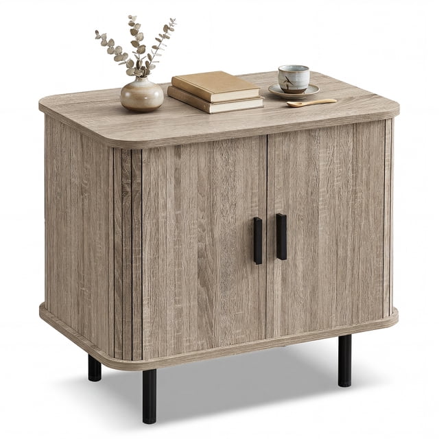 Gymax Table d'Extrémité Moderne Mi-Siècle Table de Nuit avec Portes Tambour Coulissantes et Tablette de Rangement Naturel