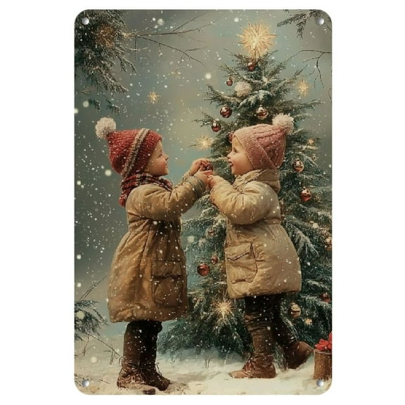 Vintage Christmas Tree Metal Painted Tin sign - 8X12 inches | Durable wrought iron wall art for home, bar, cave, man cave, cafe, garage and garden decor | Easy to hang vintage design