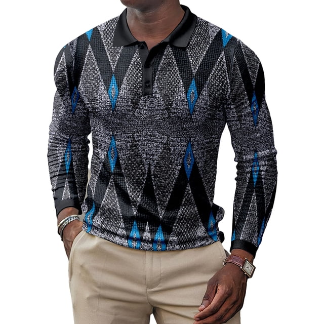 Daeful Tee Polo à Manches Longues Imprimé Géométrique T-Shirts Décontractés pour Hommes Col à Revers Style Automne E L